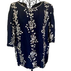 Vintage 80's Eve's Allure 100% Silk Sequined Beaded Faux Pearl Top Blouse Navy